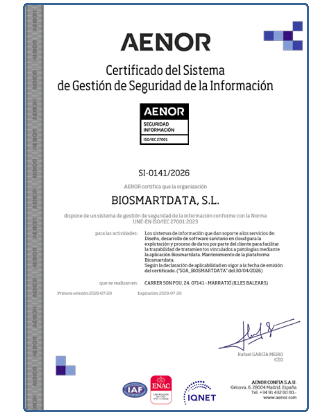 Certificación ISO/IEC 27001 AENOR